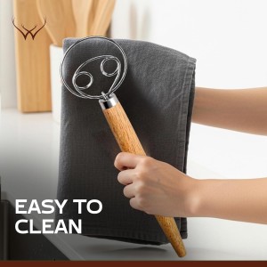 Danish Dough Whisk for sourdough 13 Inch - 304 Stainless Steel Hook with Long Wooden Handle – Essential bread whisk, artisan mixing & bread making