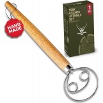 Danish Dough Whisk for sourdough 13 Inch - 304 Stainless Steel Hook with Long Wooden Handle – Essential bread whisk, artisan mixing & bread making