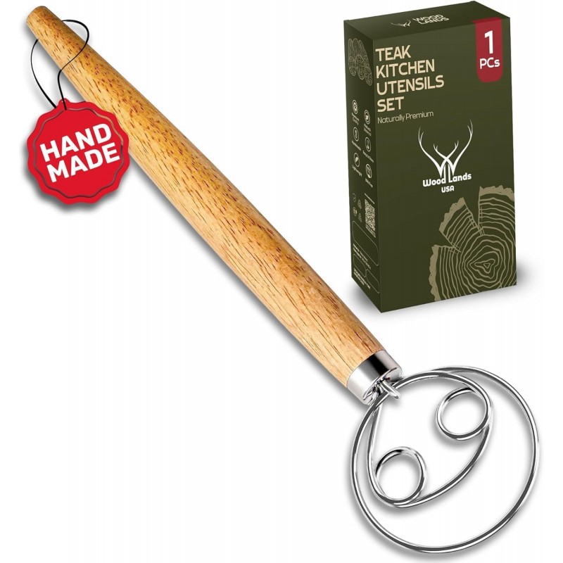 Danish Dough Whisk for sourdough 13 Inch - 304 Stainless Steel Hook with Long Wooden Handle – Essential bread whisk, artisan mixing & bread making
