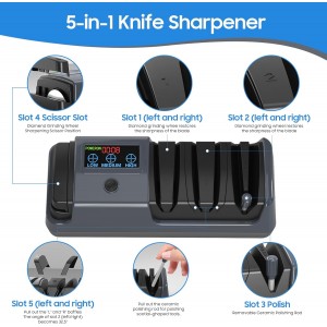 5-in-1 Electric Knife Sharpener for Kitchen Knives, with 100% Diamond Abrasives, 3 Adjustable Speeds, Quickly Sharpening for Straight/Serrated/Kitchen Knives, Scissors