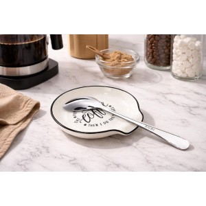 Coffee Spoon Rest with spoon, Mini Coffee Spoon Holder for Coffee Stirrers, Teaspoon, Coffee Bar Accessories, (White Coffee Spoon Rest with Pattern & Silver Ellipse Spoon)