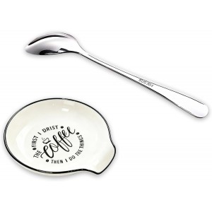 Coffee Spoon Rest with spoon, Mini Coffee Spoon Holder for Coffee Stirrers, Teaspoon, Coffee Bar Accessories, (White Coffee Spoon Rest with Pattern & Silver Ellipse Spoon)