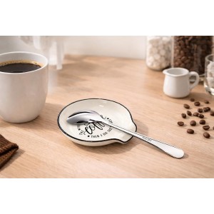 Coffee Spoon Rest with spoon, Mini Coffee Spoon Holder for Coffee Stirrers, Teaspoon, Coffee Bar Accessories, (White Coffee Spoon Rest with Pattern & Silver Ellipse Spoon)