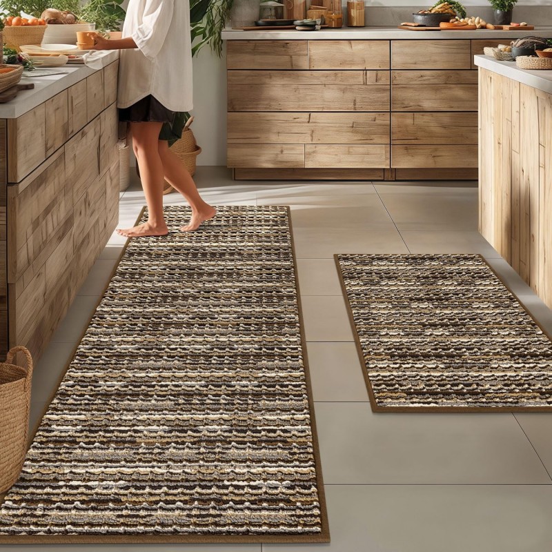 Kitchen Rugs Sets of 2-Non Slip Kitchen Mats for Floor-Thick Stain Resistant Vintage Kitchen Floor Mat Runner Carpet for Hallways Entryway Laundry Room Washable（Brown 22