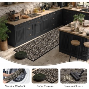 Kitchen Rugs Sets of 2-Non Slip Kitchen Mats for Floor-Thick Stain Resistant Vintage Kitchen Floor Mat Runner Carpet for Hallways Entryway Laundry Room Washable（Black 22