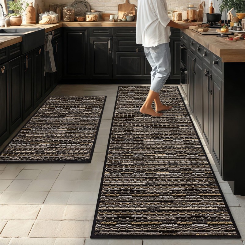 Kitchen Rugs Sets of 2-Non Slip Kitchen Mats for Floor-Thick Stain Resistant Vintage Kitchen Floor Mat Runner Carpet for Hallways Entryway Laundry Room Washable（Black 22