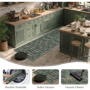 Kitchen Rugs Sets of 2-Non Slip Kitchen Mats for Floor-Thick Stain Resistant Vintage Kitchen Floor Mat Runner Carpet for Hallways Entryway Laundry Room Washable（Green 20