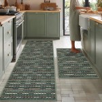 Kitchen Rugs Sets of 2-Non Slip Kitchen Mats for Floor-Thick Stain Resistant Vintage Kitchen Floor Mat Runner Carpet for Hallways Entryway Laundry Room Washable（Green 22