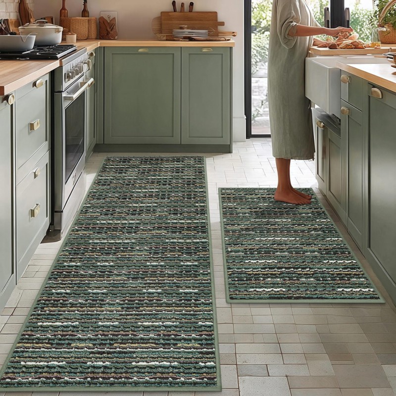 Kitchen Rugs Sets of 2-Non Slip Kitchen Mats for Floor-Thick Stain Resistant Vintage Kitchen Floor Mat Runner Carpet for Hallways Entryway Laundry Room Washable（Green 22