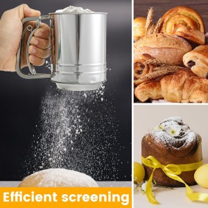 3 in 1 Flour Sifter for Baking, 3 Cup Stainless Steel Double Layer Fine Mesh Sifter, Flour Shaker Duster with Lid, Powdered Sugar Spice Sifters Spoon, Handheld Flours Sieve for Cooking Cakes Desserts