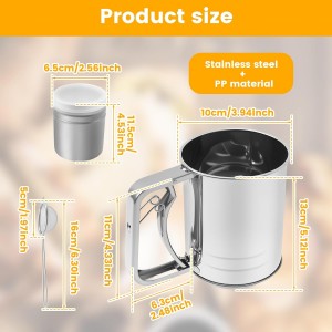 3 in 1 Flour Sifter for Baking, 3 Cup Stainless Steel Double Layer Fine Mesh Sifter, Flour Shaker Duster with Lid, Powdered Sugar Spice Sifters Spoon, Handheld Flours Sieve for Cooking Cakes Desserts
