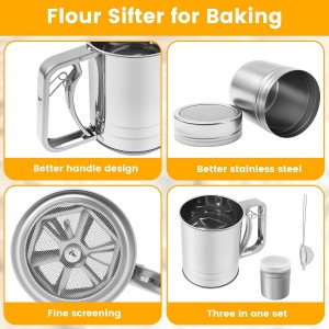 3 in 1 Flour Sifter for Baking, 3 Cup Stainless Steel Double Layer Fine Mesh Sifter, Flour Shaker Duster with Lid, Powdered Sugar Spice Sifters Spoon, Handheld Flours Sieve for Cooking Cakes Desserts