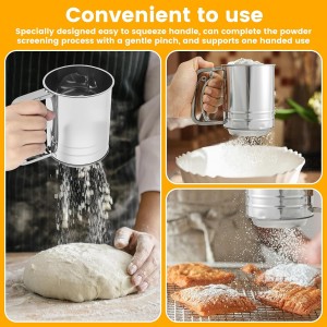 3 in 1 Flour Sifter for Baking, 3 Cup Stainless Steel Double Layer Fine Mesh Sifter, Flour Shaker Duster with Lid, Powdered Sugar Spice Sifters Spoon, Handheld Flours Sieve for Cooking Cakes Desserts