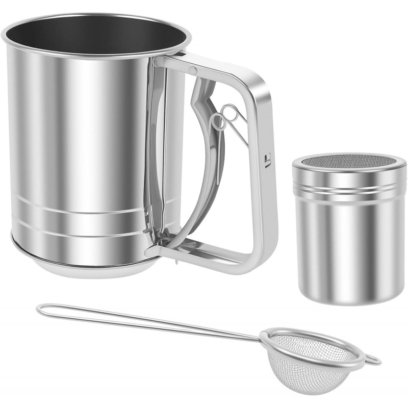 3 in 1 Flour Sifter for Baking, 3 Cup Stainless Steel Double Layer Fine Mesh Sifter, Flour Shaker Duster with Lid, Powdered Sugar Spice Sifters Spoon, Handheld Flours Sieve for Cooking Cakes Desserts