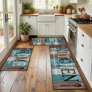 Turquoise Teal Kitchen Rugs Sets of 3, Non Slip Washable Farmhouse Kitchen Mats for Floor, Wooden Vintage Rustic Area Runner Rug for Laundry Room and Hallway
