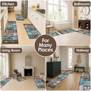Turquoise Teal Kitchen Rugs Sets of 3, Non Slip Washable Farmhouse Kitchen Mats for Floor, Wooden Vintage Rustic Area Runner Rug for Laundry Room and Hallway
