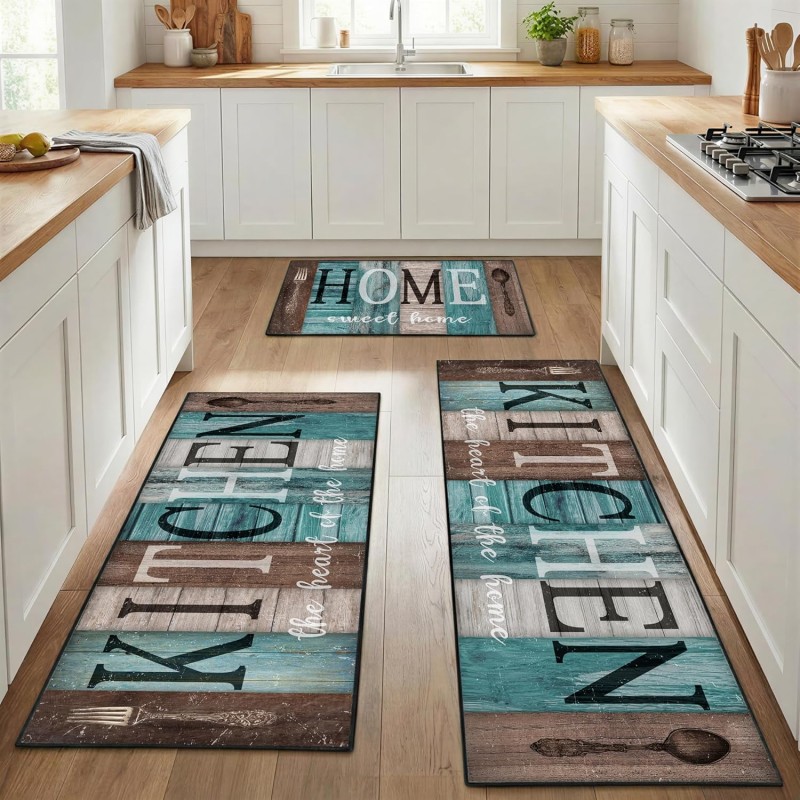 Turquoise Teal Kitchen Rugs Sets of 3, Non Slip Washable Farmhouse Kitchen Mats for Floor, Wooden Vintage Rustic Area Runner Rug for Laundry Room and Hallway