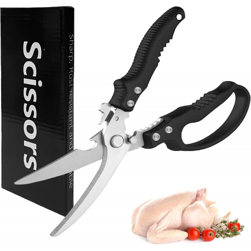Kitchen Scissors Stainless Steel Shear, Safety Lock, Sharp Heavy Duty Poultry Shears for Food, Chicken Bones, Turkey, Dishwasher Safe, 9.33 Inch, Black