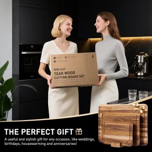 3 Pack Teak Wood Cutting Board Set for Kitchen Charcuterie Board Serving Heavy Duty Non Toxic Slip Over Sink Solid Thick Haus Wooden Chopping Board Large Big Small Meat Best Kitchen Essential Gift