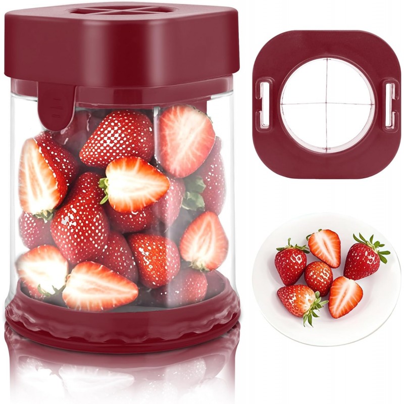 Fruit Slicer Cup, Multi-Function Strawberry Slicer, Grape Cutter & Detachable Egg Dicer, Stainless Steel Speed Chopper for Cherry Tomatoes, Kitchen Gadget for Fruits & Vegetables (Red)