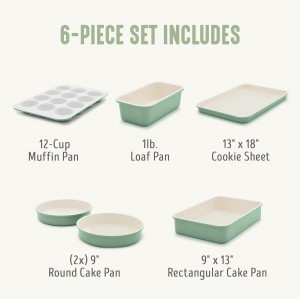 GreenLife 6 Piece Nonstick Bakeware Set, Non-Toxic PFAS-Free Ceramic Oven Pans, Dishwasher & Oven Safe to 450°F, Easy Release Baking Sheet, Loaf Pan, Rectangle & Round Cake, Muffin Pan, Sage