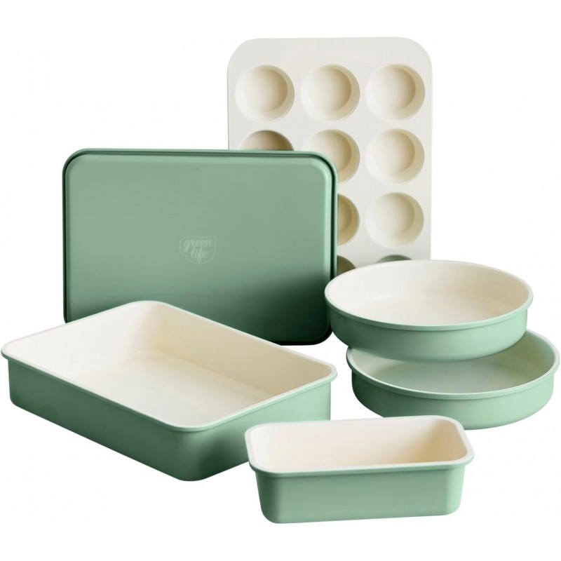 GreenLife 6 Piece Nonstick Bakeware Set, Non-Toxic PFAS-Free Ceramic Oven Pans, Dishwasher & Oven Safe to 450°F, Easy Release Baking Sheet, Loaf Pan, Rectangle & Round Cake, Muffin Pan, Sage