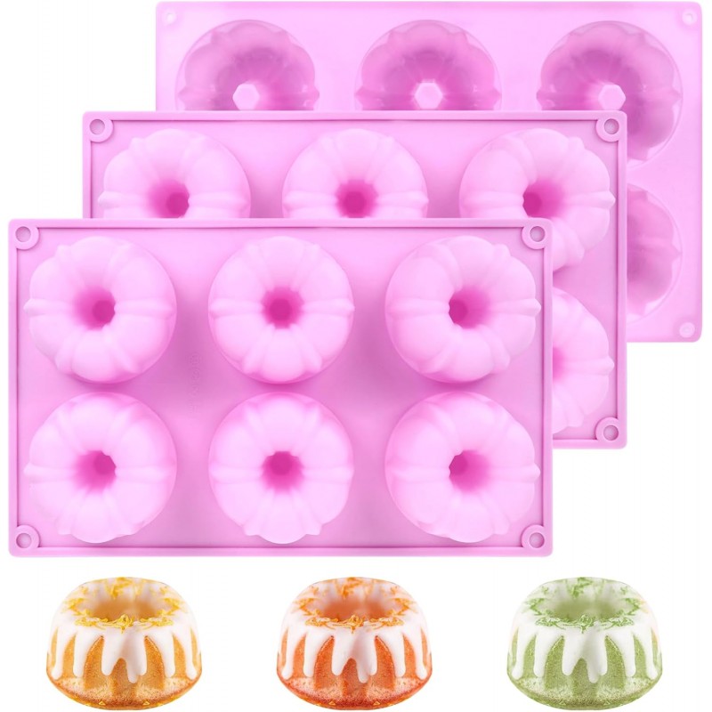 3 PCS Bundt Cake Pans for Baking, Non-stick Silicone Molds for Baking Jellies, Muffins, Donuts，Cookies, Cupcakes，6-Cavity Mini Cake Pans(Pumpkin,Purple)