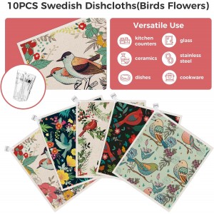 10PCS Swedish Dishcloths for Kitchen, Reusable Dish Rags for Washing Dishes with Clips, Non-Scratch Kitchen Towels and Dishcloths Sets, Washable Swedish Dish Cloths, No Odor(Birds Flowers)