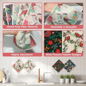10PCS Swedish Dishcloths for Kitchen, Reusable Dish Rags for Washing Dishes with Clips, Non-Scratch Kitchen Towels and Dishcloths Sets, Washable Swedish Dish Cloths, No Odor(Birds Flowers)
