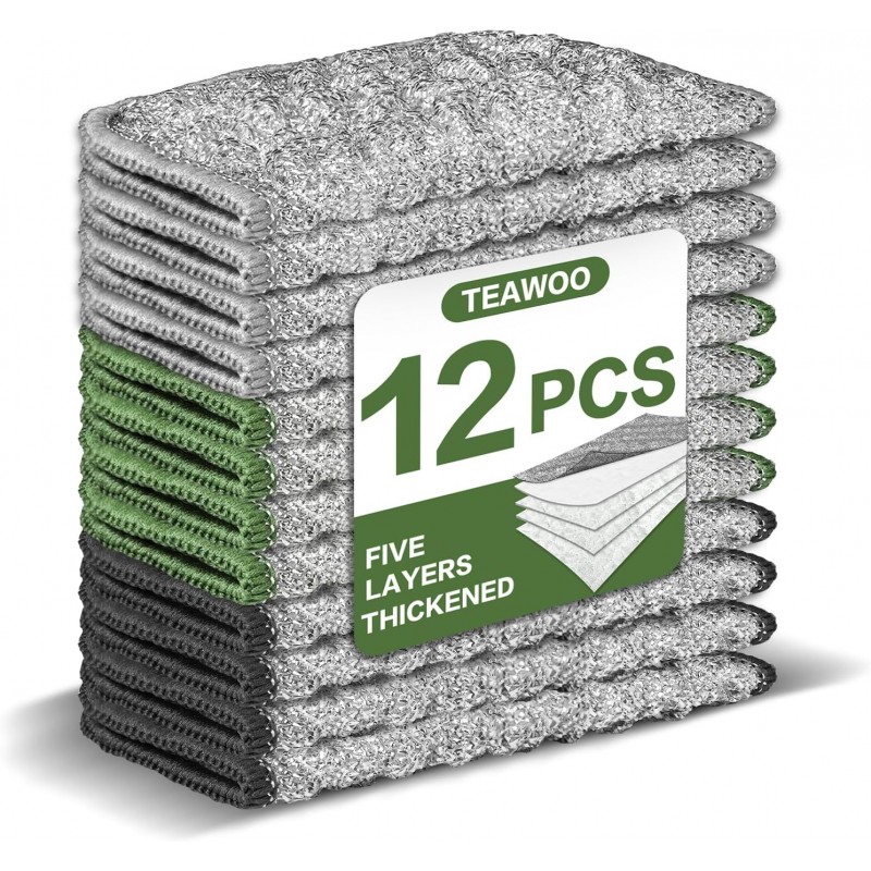 12 PCS Five-Layer Non-Scratch Multipurpose Steel Wire Dishcloths, Reusable Quick-Dry Odor-Free Scrub Cloths for Dishes, Kitchen Cleaning Cloths for Cookware, Sinks, Stove