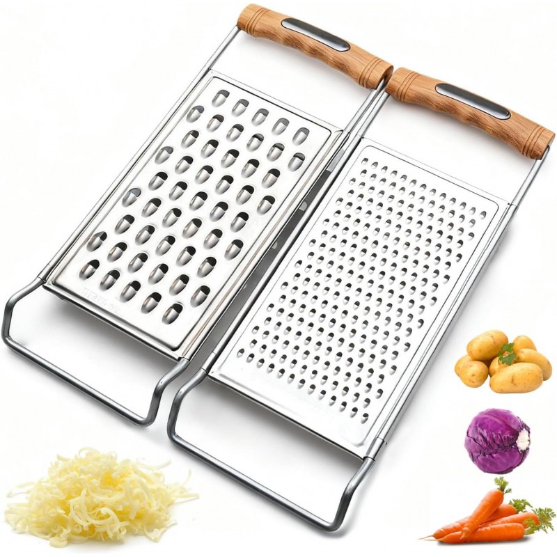 2 Pack Cheese Grater Handheld,Stainless Steel Zester Set of 2, Kitchen Flat Handheld Grater For Potato, Vegetable Chocolate, Spices,Carrot, Butter,Parmesan Cheese（Coarse Grater&Fine Grater）