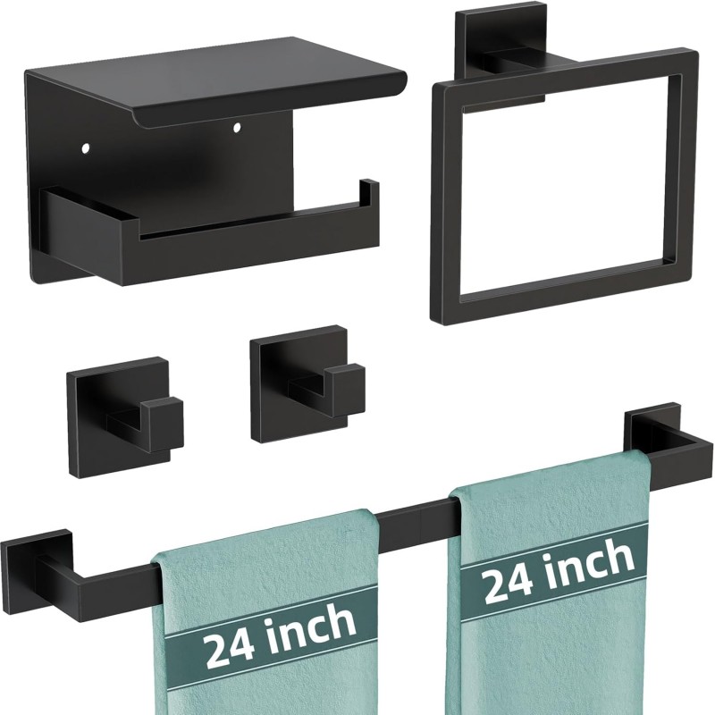 5-Pieces Matte Black Bathroom Hardware Accessories Set, 24 Inch Stainless Steel Towel Racks for Bathroom, Towel Bar Set Towel Ring Coat Hook and Toilet Paper Holder with Shelf Wall Mounted