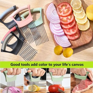 Upgraded Stainless Steel Lemon Slicer Onion Cutter, Onion Holder for Slicing, Vegetable Cutter Kitchen Chopper Slicing Assistant Tool for Potato and Tomato Avocados Eggs Meat (1, Pink)
