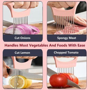 Upgraded Stainless Steel Lemon Slicer Onion Cutter, Onion Holder for Slicing, Vegetable Cutter Kitchen Chopper Slicing Assistant Tool for Potato and Tomato Avocados Eggs Meat (1, Pink)