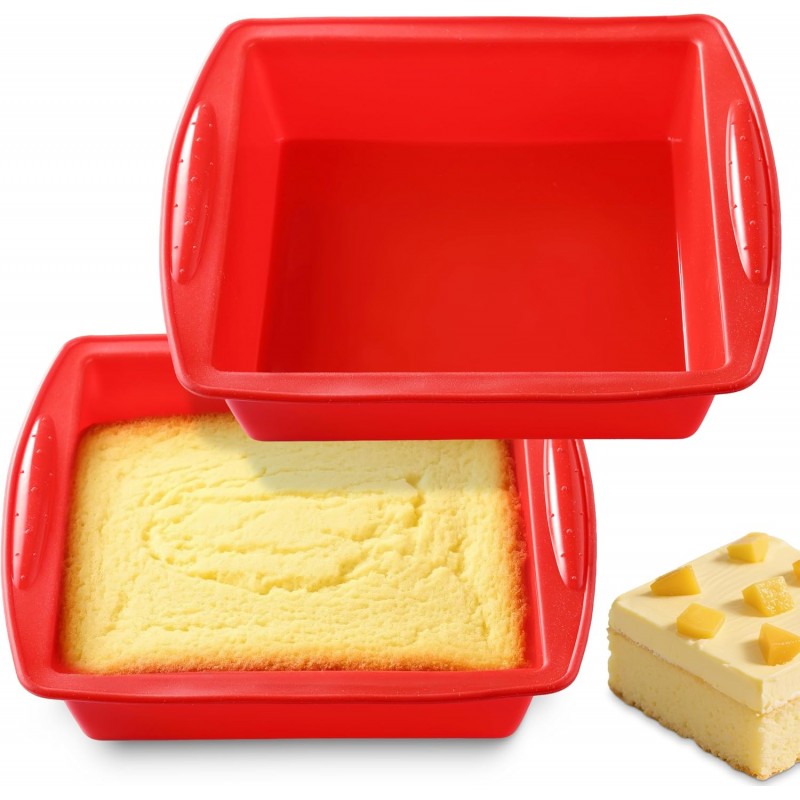 Silicone Square Brownie Pan 2 Pack, 8x8 Baking Pan for Brownies, Cakes, Bread, Pie & Lasagna – BPA Free, Heat Resistant, Flexible Silicone baking mold, Oven, Microwave, Dishwasher Safe