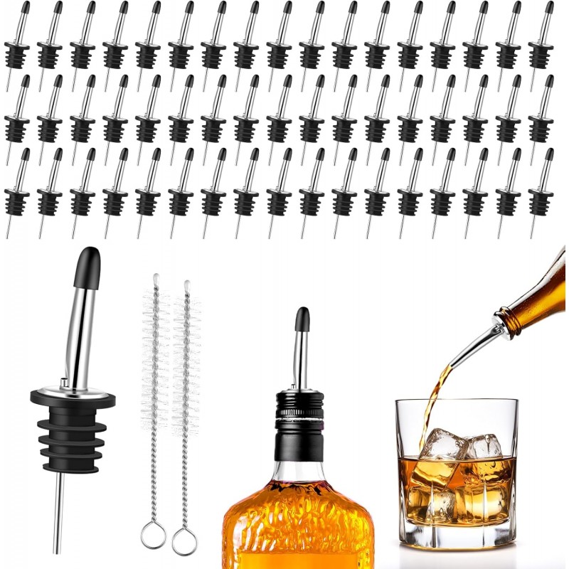 mwellewm 50 Pcs Liquor Pour Spouts, Stainless Steel Liquor Bottle Pourers for Alcohol Speed Pourers for Liquor Bottles Bartending Oil Vinegar and Wine Bar Bartender Accessories