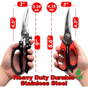 2-Pack Heavy Duty Kitchen Shears - Ultra Sharp All Purpose Food Scissors for Cutting Chicken Bones, Meat & Vegetables, Multi-Function Stainless Steel Cooking Shears (Black & Red)