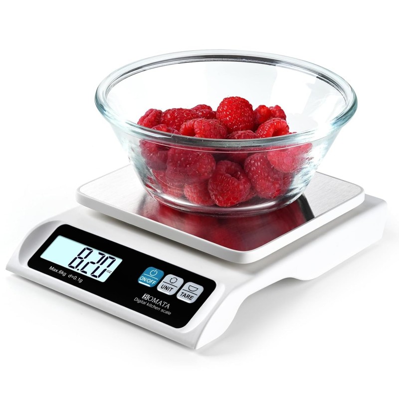 BOMATA 0.1g/ 13lb Food Scale, Digital Kitchen Scale with Removable Stainless Steel Pan, Backlit LCD Display, for Cooking, Baking B621 White