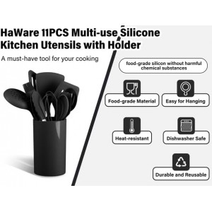HaWare 11 PCS Silicone Cooking Utensils Set, Heat Resistant Kitchen Utensils with Holder, Food-grade Spatula Sets for Nonstick Cookware, Kitchen Tools Gadgets Include Fish Turner, Spoon (Black)