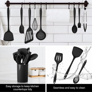 HaWare 11 PCS Silicone Cooking Utensils Set, Heat Resistant Kitchen Utensils with Holder, Food-grade Spatula Sets for Nonstick Cookware, Kitchen Tools Gadgets Include Fish Turner, Spoon (Black)