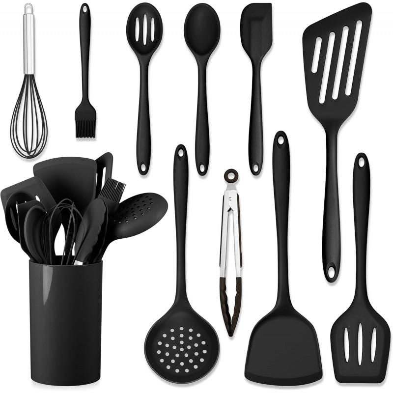 HaWare 11 PCS Silicone Cooking Utensils Set, Heat Resistant Kitchen Utensils with Holder, Food-grade Spatula Sets for Nonstick Cookware, Kitchen Tools Gadgets Include Fish Turner, Spoon (Black)