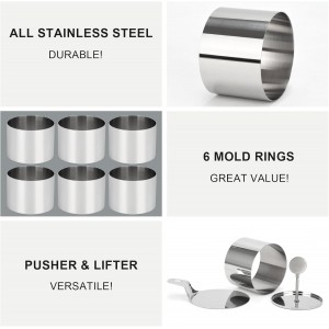 6 Pack Cake Ring Molds with 1 Pusher 1 Lifter, 3 Inch Seamless Mini Cheese Cake Cutter Ring Set, Stainless Steel Mini Food Mold for Mousse, Food Plating, Cookies, Baking (Round)