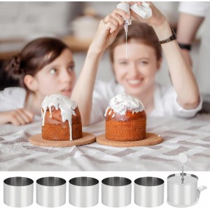 6 Pack Cake Ring Molds with 1 Pusher 1 Lifter, 3 Inch Seamless Mini Cheese Cake Cutter Ring Set, Stainless Steel Mini Food Mold for Mousse, Food Plating, Cookies, Baking (Round)