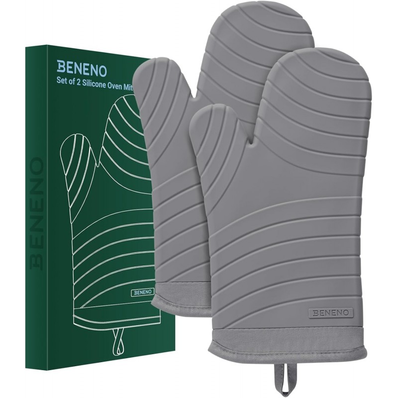 Beneno BPA-Free Silicone Oven Mitt 2-Pack Set, Heat Resistant 500°F Oven Mitts with Non-Slip Grip, Soft Thicker Lining, 7