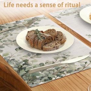 Watercolor Eucalyptus Leaves Placemats Set of 6, Green Branches Table Mates Non-Slip Heat Resistant Washable Linen Place Mats for Party Kitchen Dining Decoration Indoor Outdoor 12