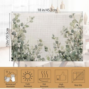 Watercolor Eucalyptus Leaves Placemats Set of 6, Green Branches Table Mates Non-Slip Heat Resistant Washable Linen Place Mats for Party Kitchen Dining Decoration Indoor Outdoor 12