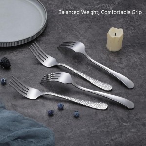 E-far Hammered Serving Forks, 4-Piece Stainless Steel Hostess Serving Utensils Set for Meat Catering Buffet Party Kitchen Restaurant, Non-toxic & Dishwasher Safe