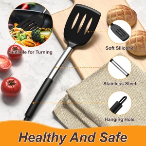 Yoehka Silicone Cooking Utensils Set for Nonstick Cookware, 4Pcs Heat Resistant Kitchen Silicone Spatula and Spoon Set with Stainless Steel Handle, Mixing, Flipping, Turning, Stirring, Black