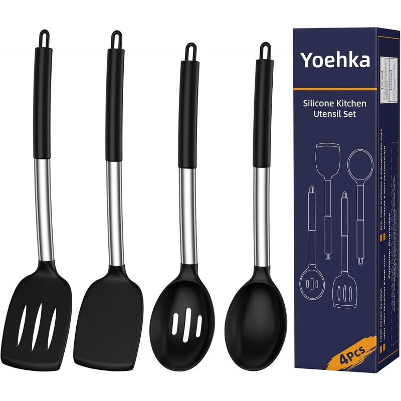 Yoehka Silicone Cooking Utensils Set for Nonstick Cookware, 4Pcs Heat Resistant Kitchen Silicone Spatula and Spoon Set with Stainless Steel Handle, Mixing, Flipping, Turning, Stirring, Black