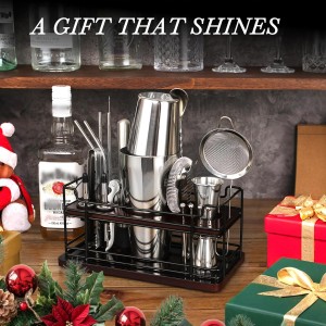 Boston Cocktail Shaker Set with Stand, 20-Piece Complete Bartender Kit for Home Bar Use, Essential Bar Set with 18oz & 28oz Tin Shaker, Bar Accessories and Recipes, Ideal for Parties & Gift Giving